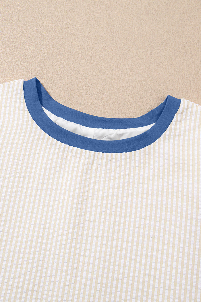 Beige Stripe Seersucker Contrast Round Neck Puff Sleeve T-Shirt Dress - Dresses/T Shirt Dresses