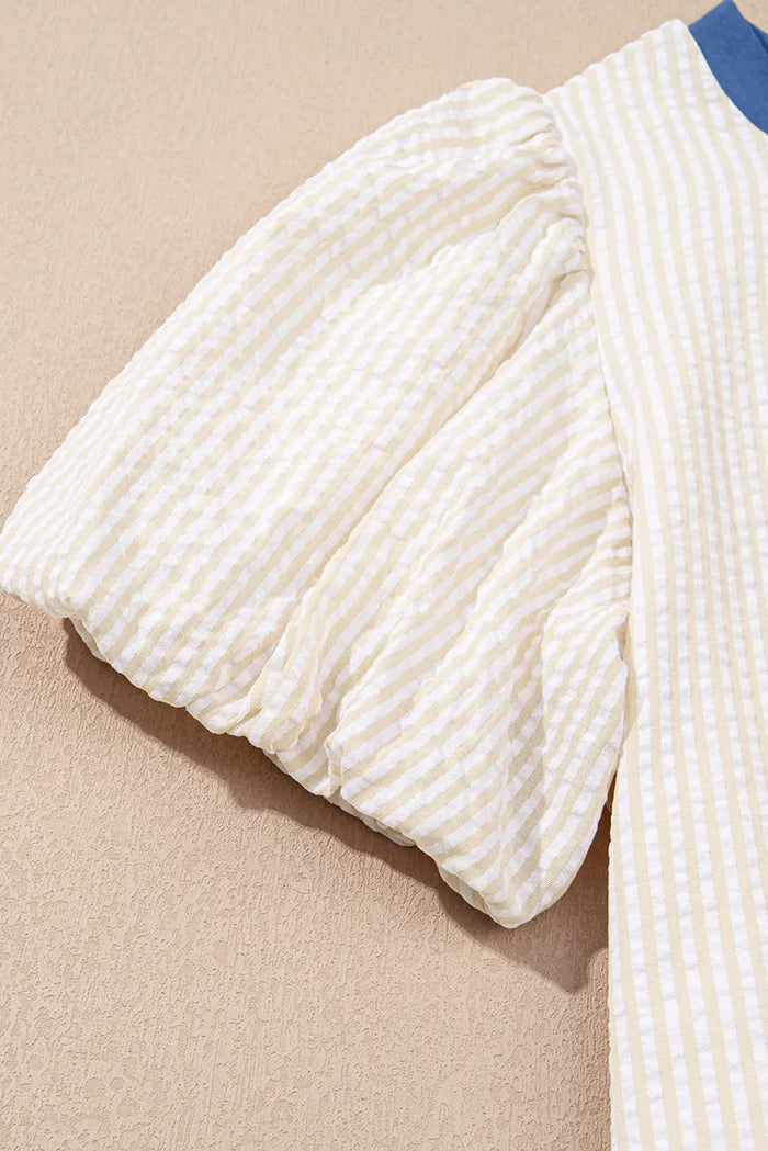 Beige Stripe Seersucker Contrast Round Neck Puff Sleeve T-Shirt Dress - Dresses/T Shirt Dresses