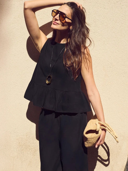 Black Cotton Peplum Top