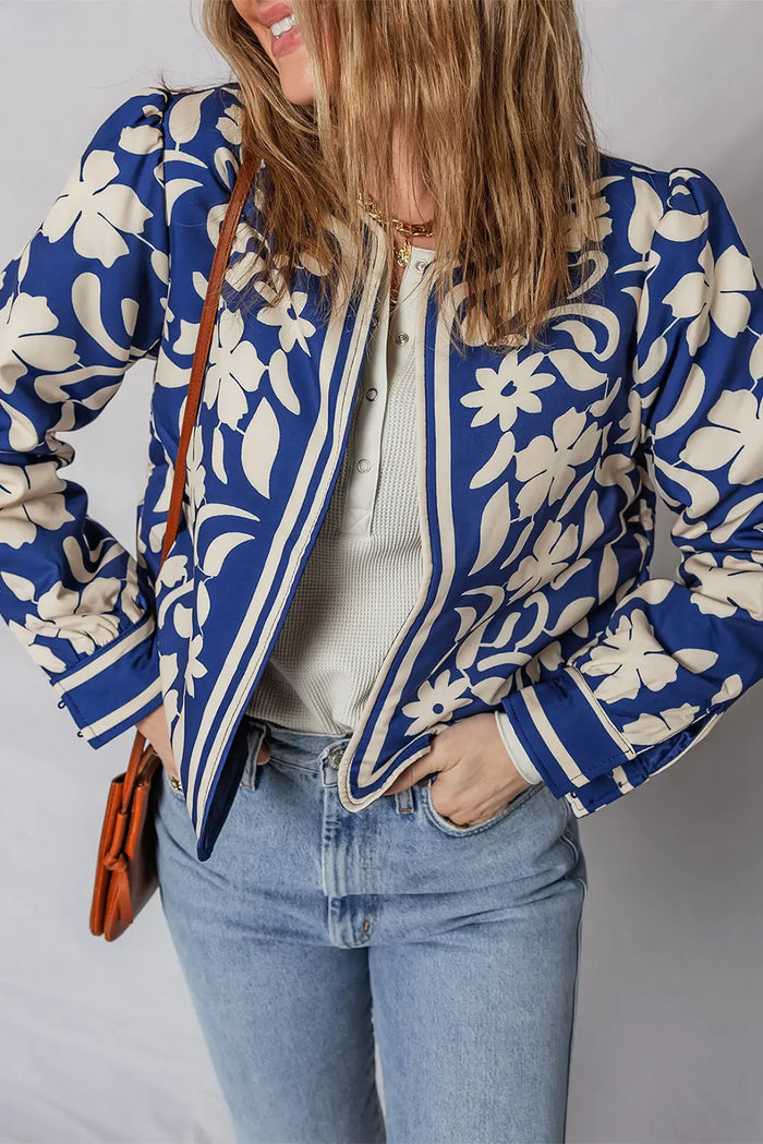 Blue Flower Print Open Front Buttoned Cuffs Elegant Jacket - Outerwear/Jackets