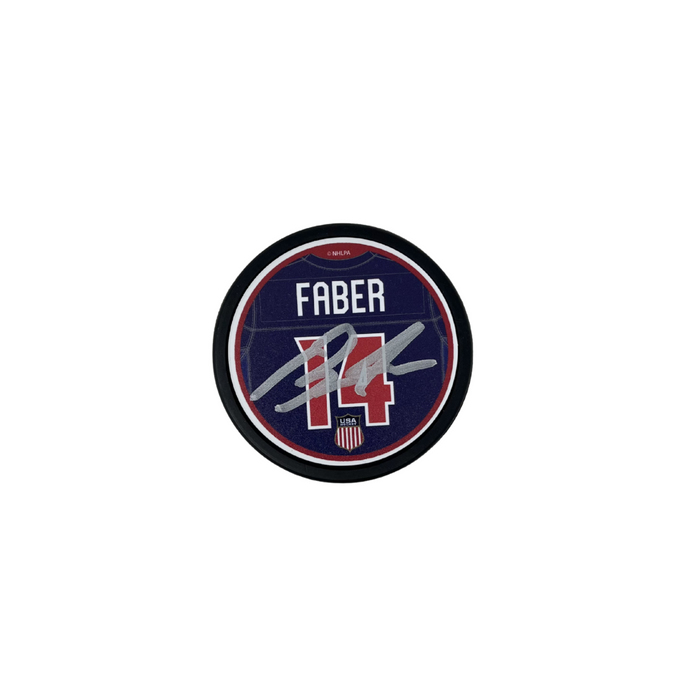 Brock Faber Signed Jersey Team USA Hockey Puck