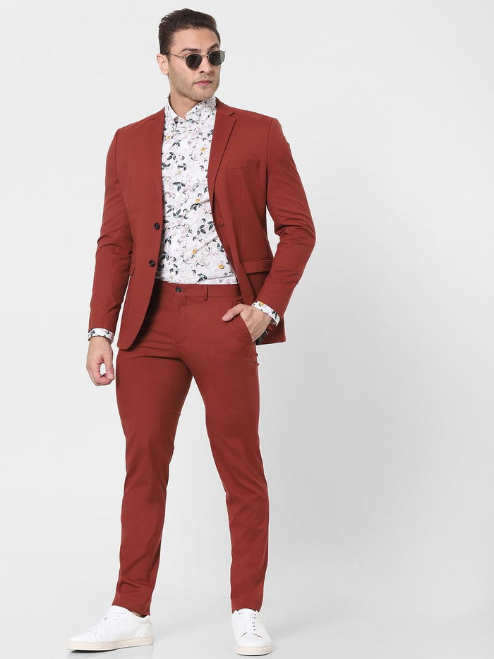 Burnt Red Mid Rise Slim Fit Trousers