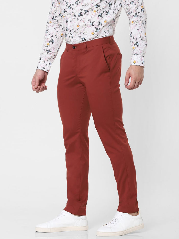 Burnt Red Mid Rise Slim Fit Trousers