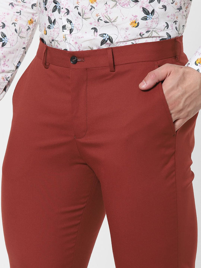 Burnt Red Mid Rise Slim Fit Trousers