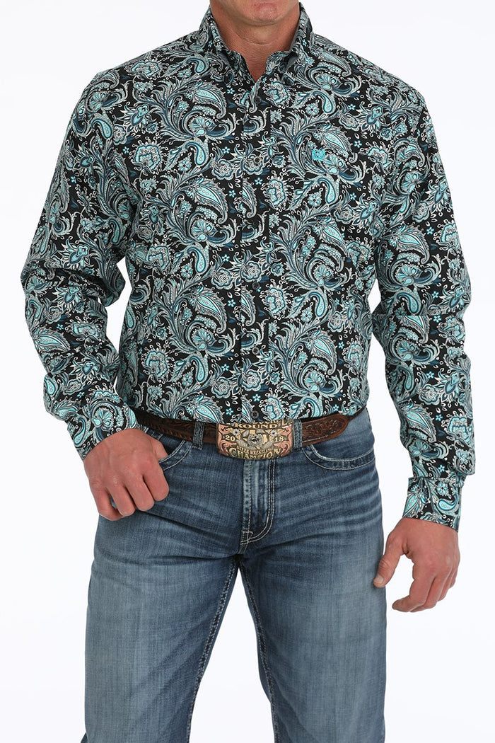 Cinch Paisley Print Button Down Shirt in Turquoise