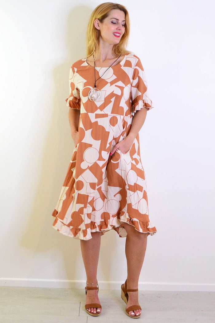 New U Collection coffee cream print summer dress tunic with a flowy design and short sleeves, displayed on a hanger.