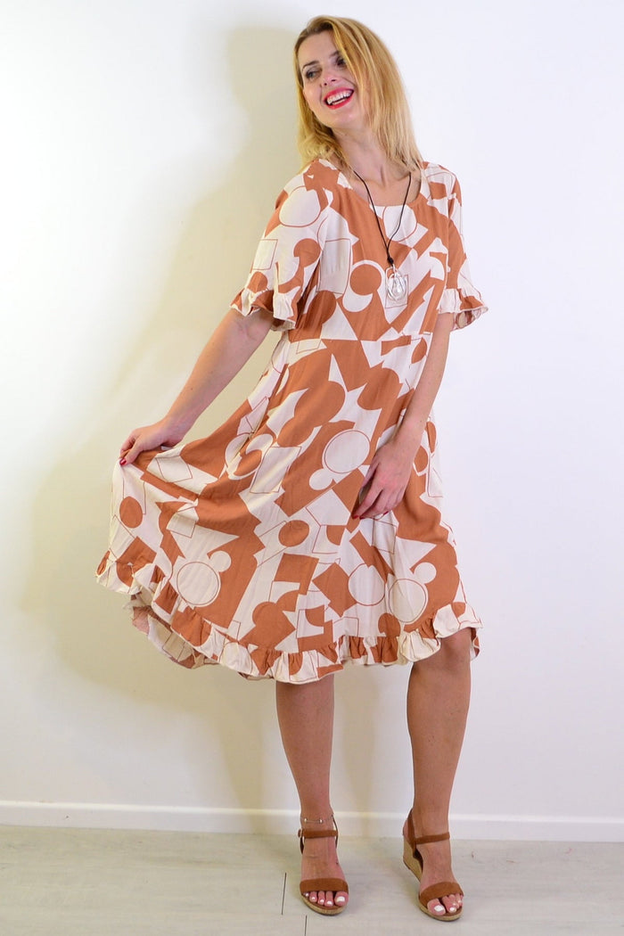 Coffee cream print summer tunic dress by New U Collection, featuring a lightweight fabric and relaxed fit.