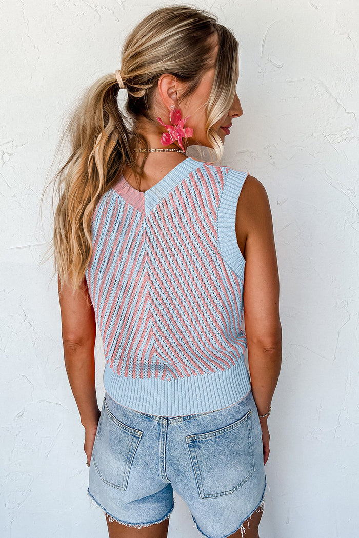 Contrast Chevron Knit V-Neck Sweater Vest - Sweaters & Cardigans/Sweater Vests