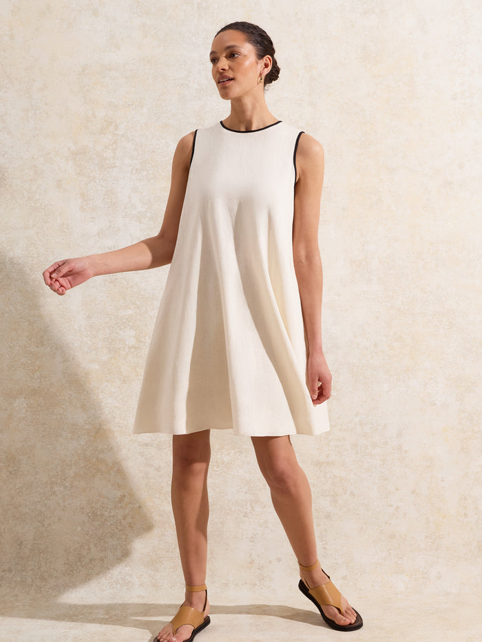 Cream Linen Blend Piping Detail Short Dress