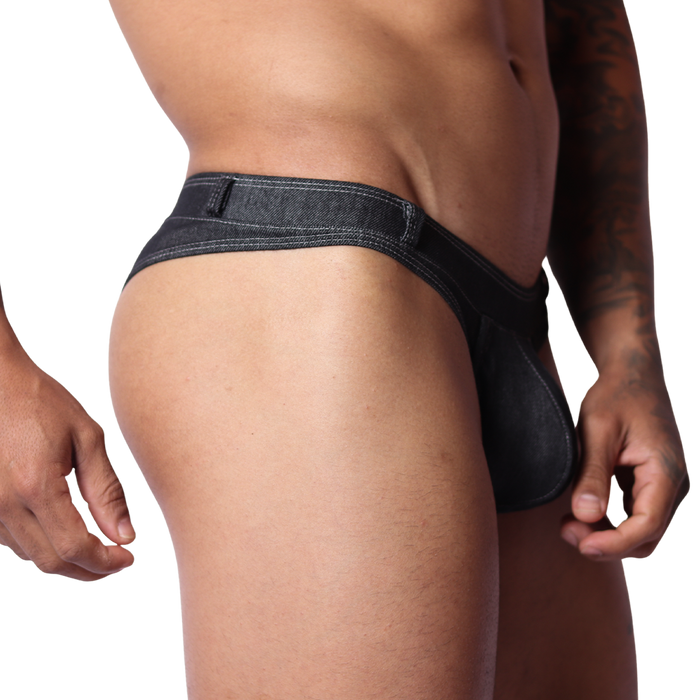 Denim Black Thong vista frontal de Gigo Underwear