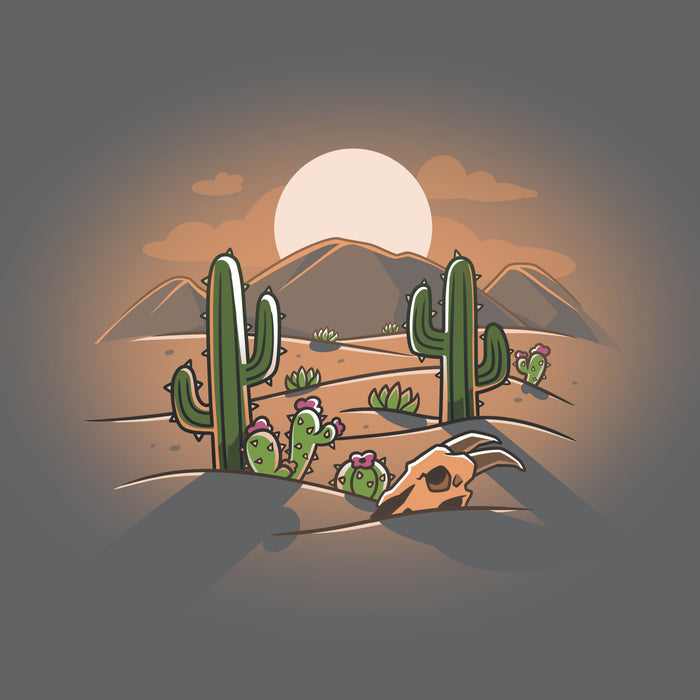 Premium Cotton T-shirt_TeeTurtle  Desert at Dusk charcoal gray t-shirt featuring a cartoon desert scene with cacti, a cow skull, and distant mountains under a stunning desert sunset.