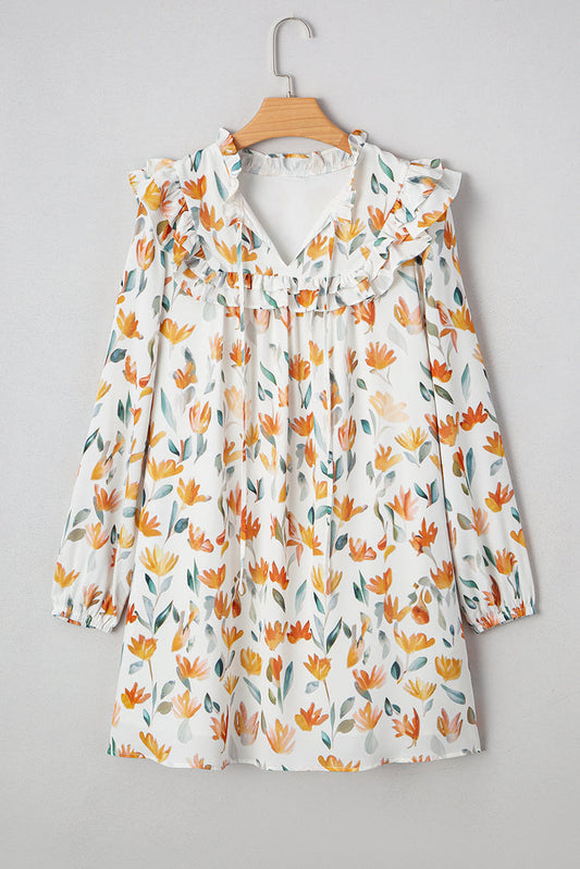 Yellow Floral Print Tie Neck Frilled Detail Long Sleeve Mini Dress - Dresses/Floral Dresses