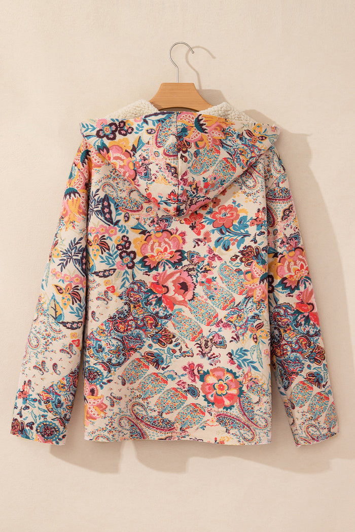Floral Printed Sherpa Lined Hooded Jacket - Outerwear/Jackets