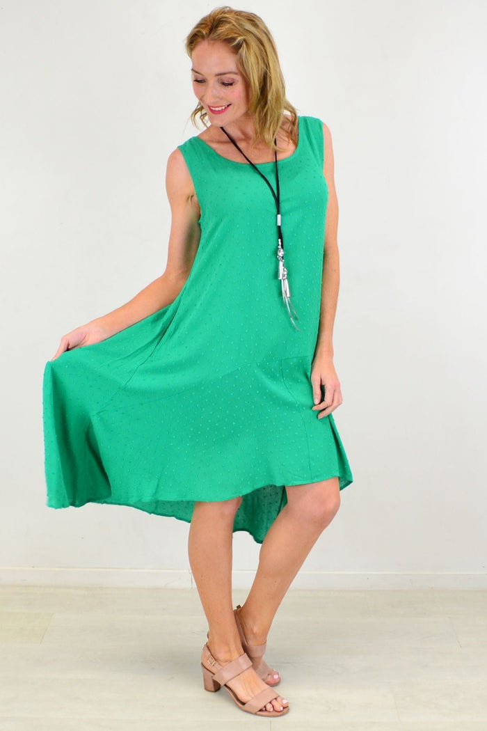 Grass green Willow Tree ladies day shift dress tunic, lightweight with a relaxed fit, displayed on a hanger.