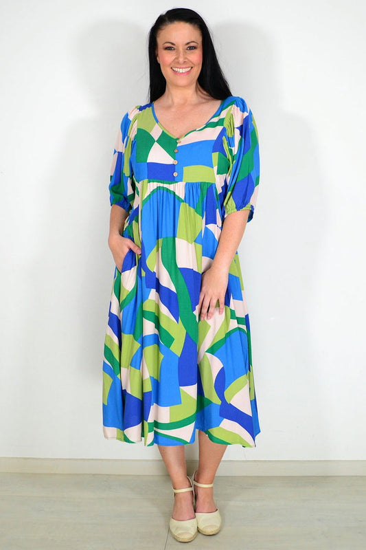Green and blue midi tunic dress by New U Collection, featuring a flowing fabric and casual style perfect for everyday wear.