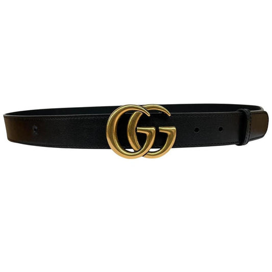 Gucci Black and Gold Marmont Leather Belt with GG Buckle