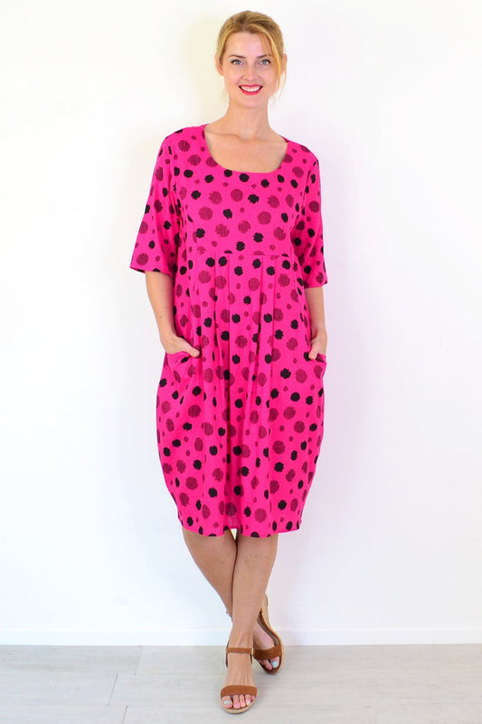 Hot pink dots linen blend tunic dress by Ruby Rain, showcasing a stylish, comfortable tunic with vibrant polka dot pattern.