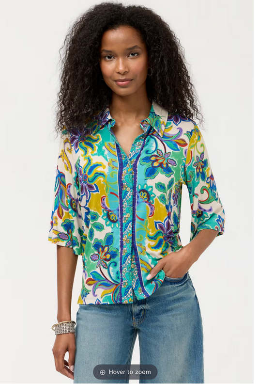 teal tropical print button up top