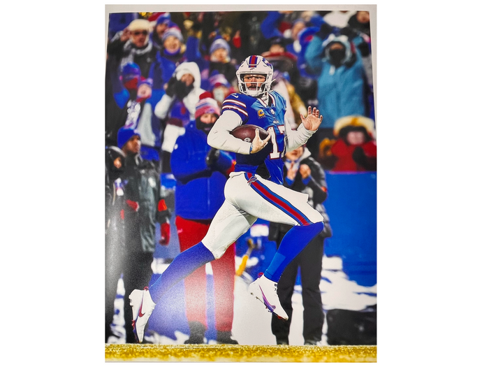Josh Allen Unsigned Running with Ball in Blue Photo