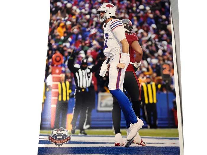 Josh Allen Unsigned Side View in Standing Buffalo Helmet Jumping up in White Photo
