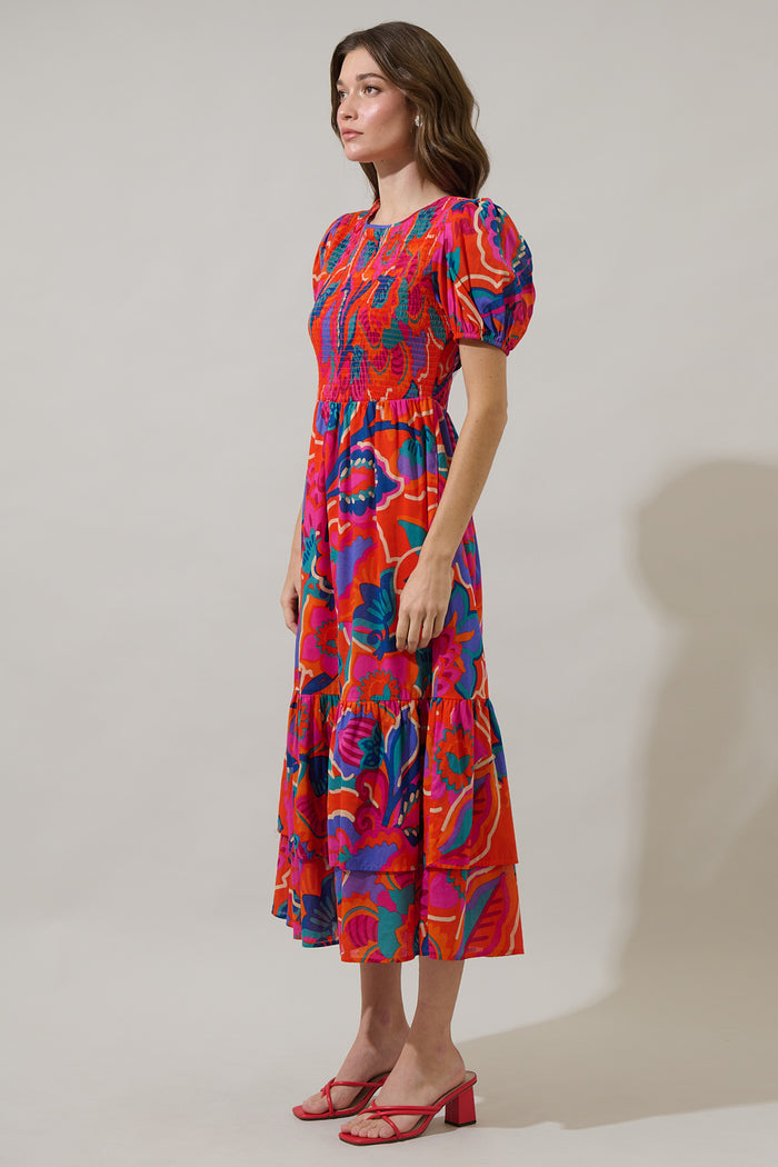 Kahlia Tropics Aruba Smocked Midi Dress