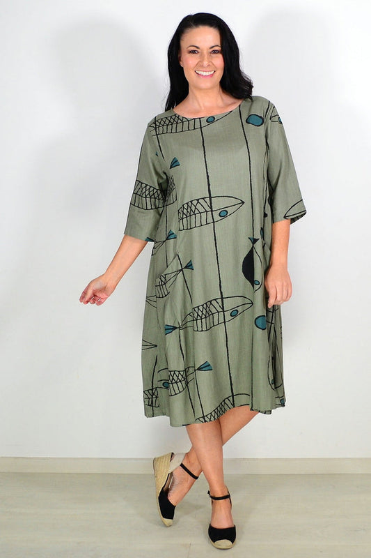 Khaki cotton linen tunic dress by Ruby Rain, featuring a relaxed fit and natural fabric texture, displayed on a hanger.