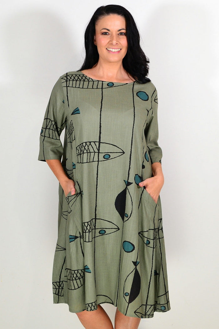 Khaki cotton linen tunic dress by Ruby Rain, showing a relaxed fit with long sleeves and a casual, breathable fabric.
