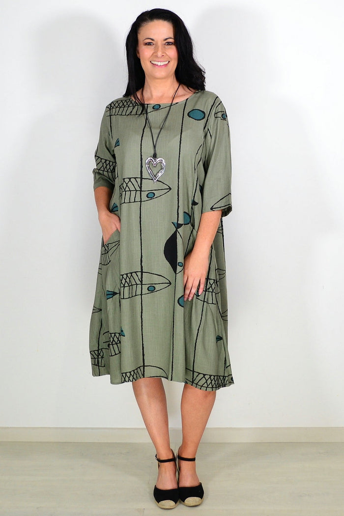 Khaki cotton linen tunic dress by Ruby Rain, featuring a relaxed fit with long sleeves and a casual, comfortable style.