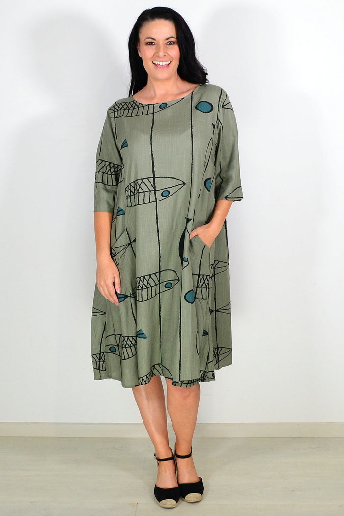 Khaki cotton linen tunic dress by Ruby Rain, featuring a relaxed fit and casual style, displayed on a hanger.
