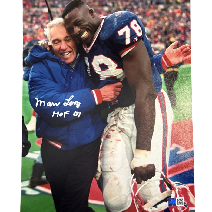 Marv Levy Signed Hugging Bruce Smith 11x14 Photo