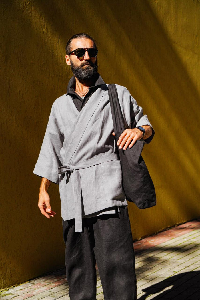 Men’s linen kimono SUGI in Light grey