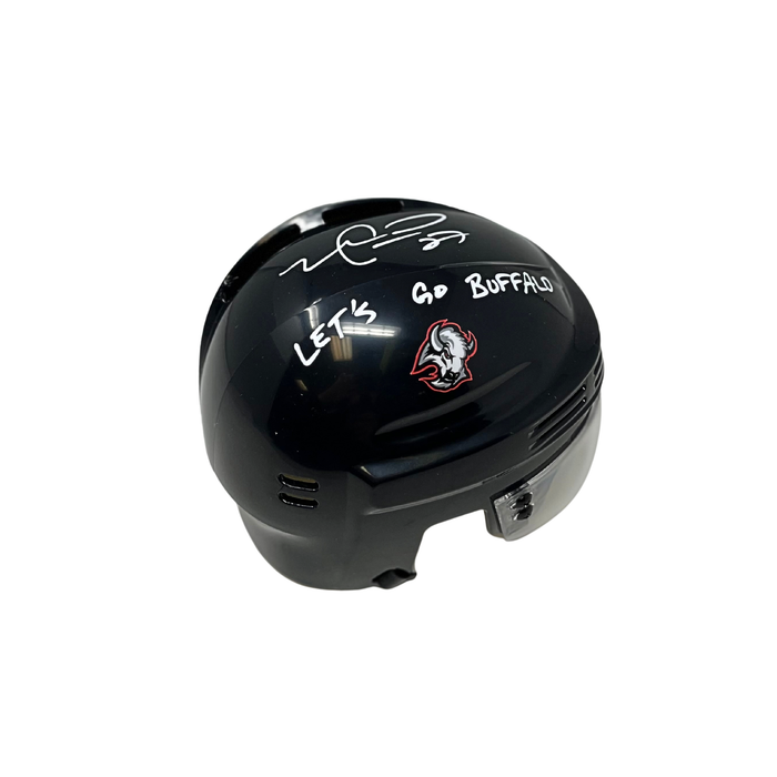 Michael Peca Signed Buffalo Sabres Black Goathead Hockey Mini Helmet with "Let's Go Buffalo"