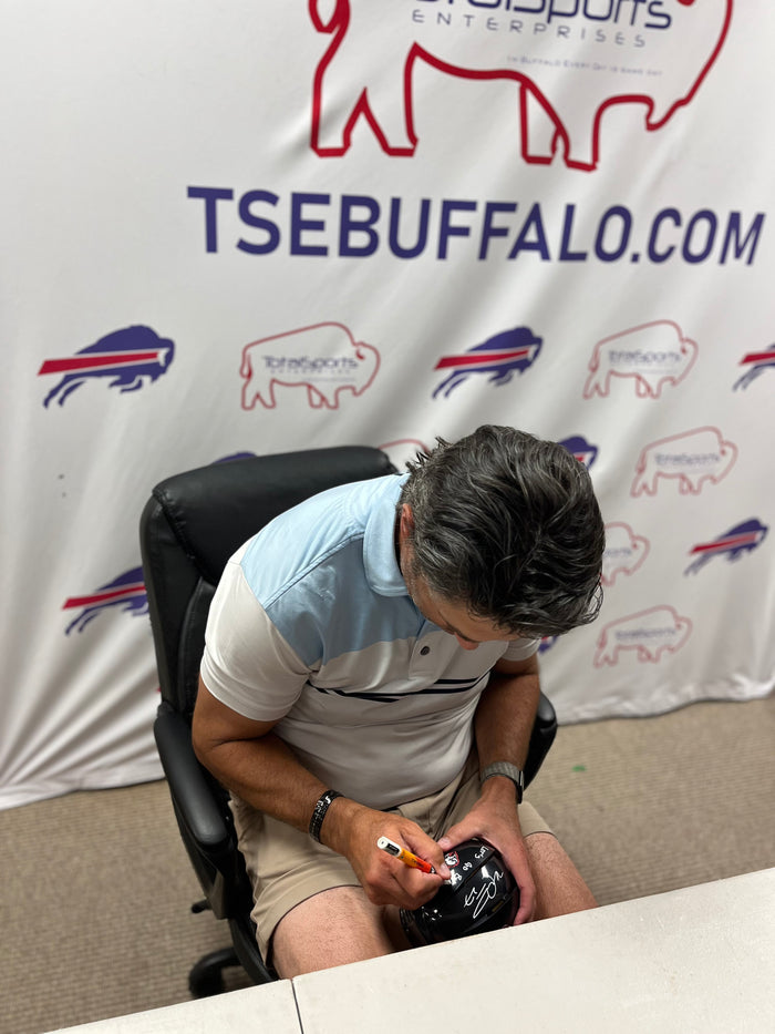 Michael Peca Signed Buffalo Sabres Black Goathead Hockey Mini Helmet with "Let's Go Buffalo"