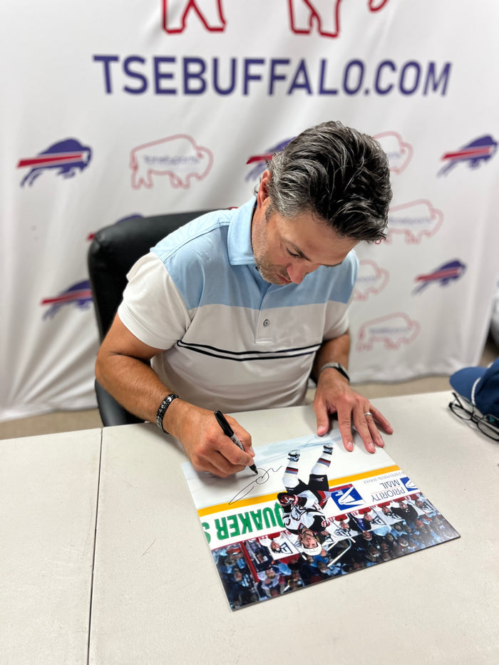 Michael Peca Signed Skating in White Goathead Photo