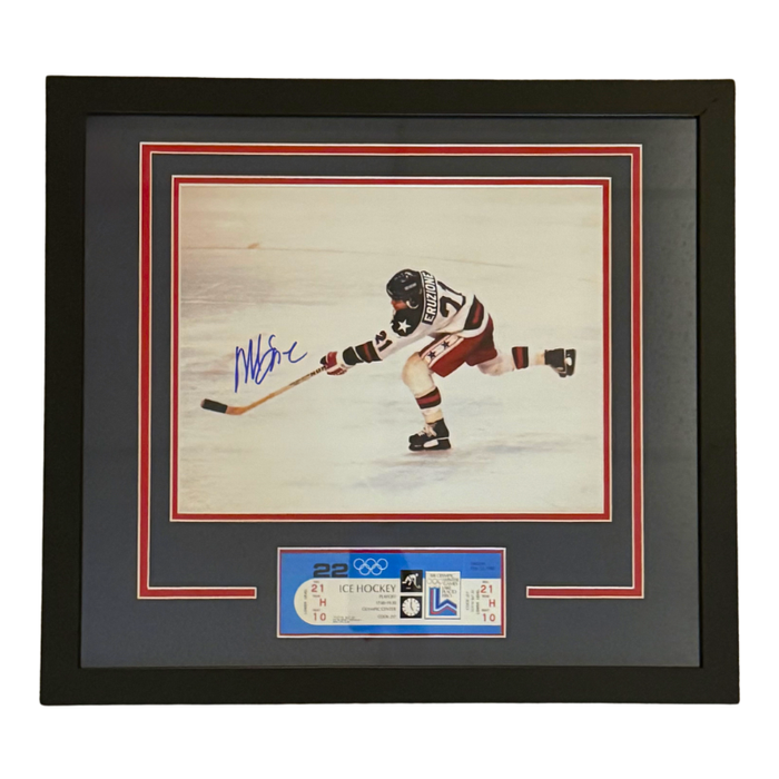 Mike Eruzione Signed 1980 Team USA Shot on Goal 11x14 Photo with Replica Ticket Professionally Framed