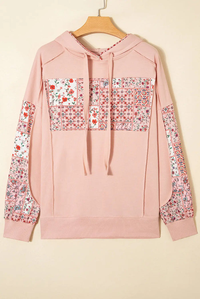 Mix Floral Patchwork Side Slit Drawstring Hoodie - Tops/Sweatshirts & Hoodies