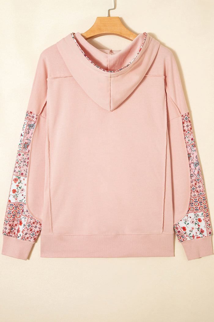 Mix Floral Patchwork Side Slit Drawstring Hoodie - Tops/Sweatshirts & Hoodies