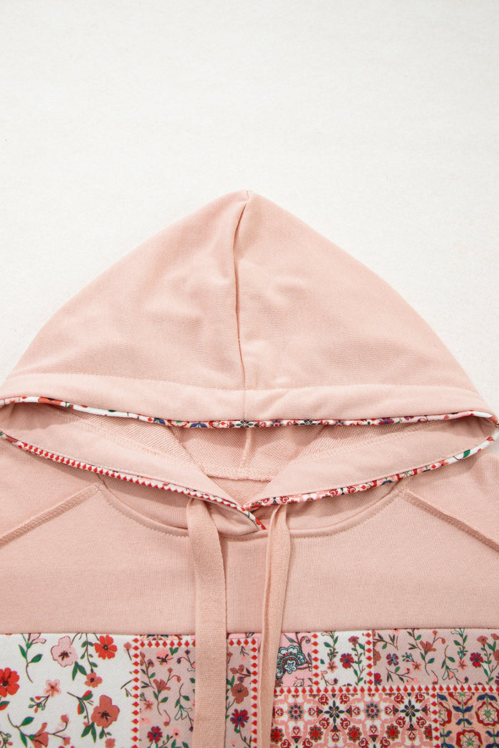 Mix Floral Patchwork Side Slit Drawstring Hoodie - Tops/Sweatshirts & Hoodies