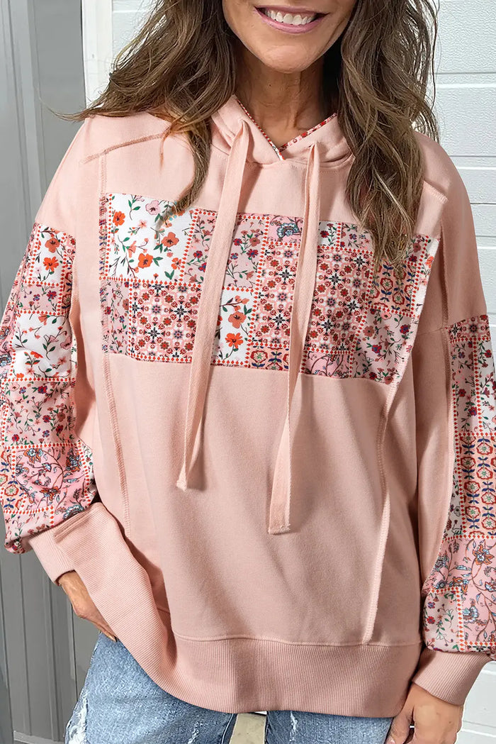 Mix Floral Patchwork Side Slit Drawstring Hoodie - Delicacy / S - Tops/Sweatshirts & Hoodies