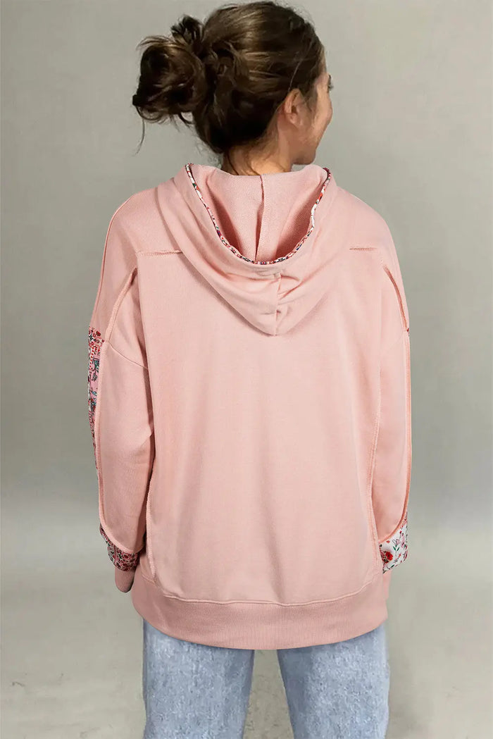 Mix Floral Patchwork Side Slit Drawstring Hoodie - Tops/Sweatshirts & Hoodies
