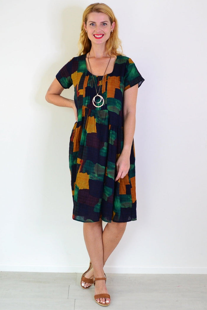 Wishstone Mustard Olive Abstract Tunic Dress, lightweight tunic with vibrant abstract pattern, sleeveless design, casual style.
