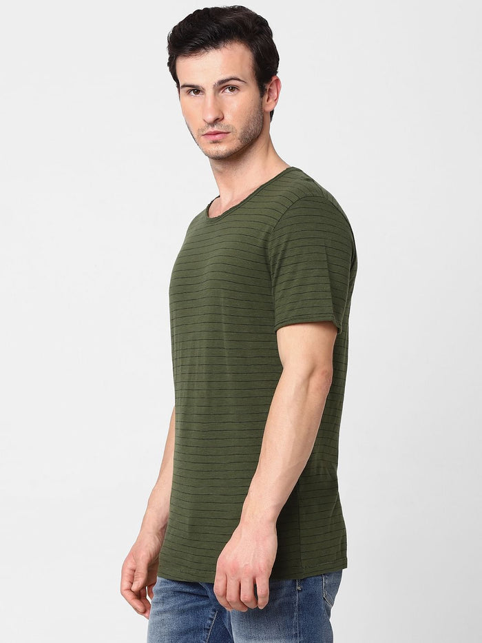 Olive Green Striped Crew Neck T-Shirt