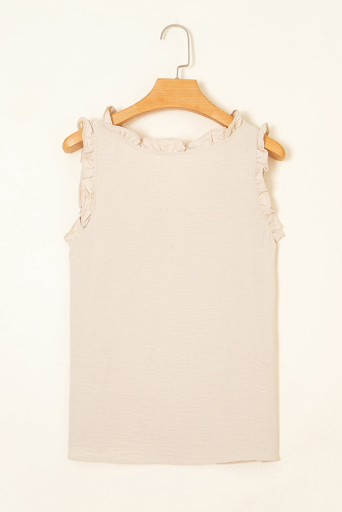 Parchment Textured Ruffled Trim V-Neck Sleeveless Top - Tops/Sleeveless Tops