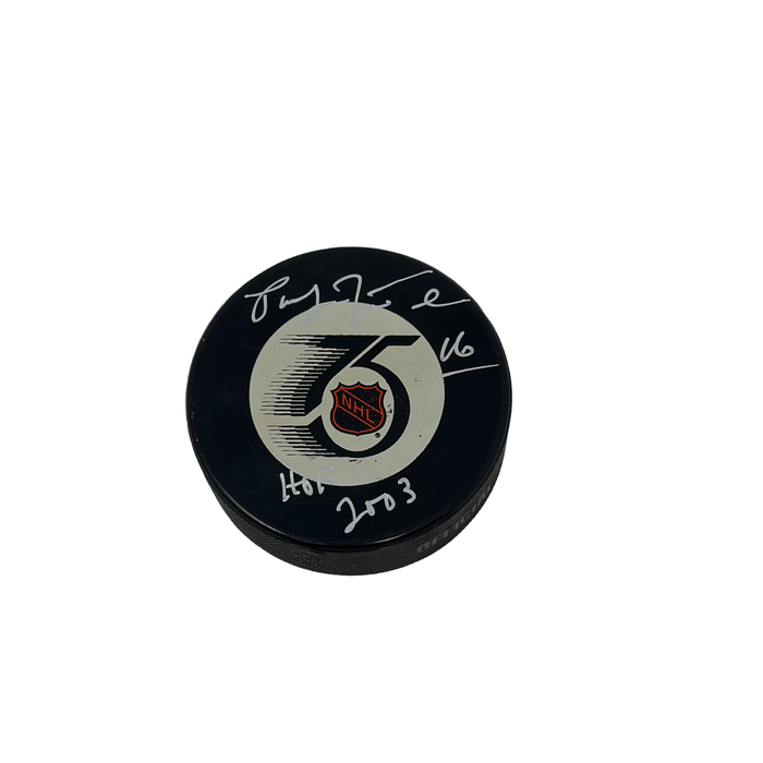 Pat LaFontaine Signed 75th Anniversary Logo Puck