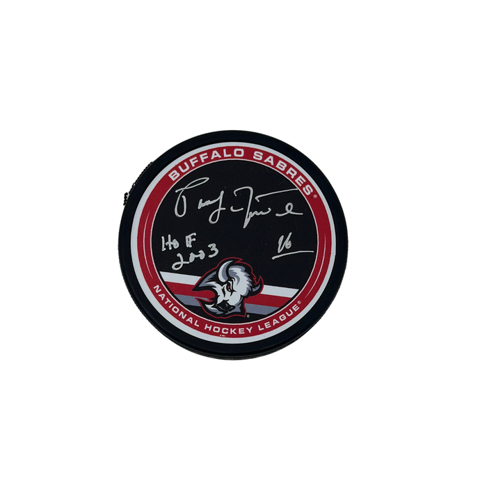 Pat LaFontaine Signed Buffalo Sabres Goathead Outer Ring Hockey Puck with "HOF 2003"