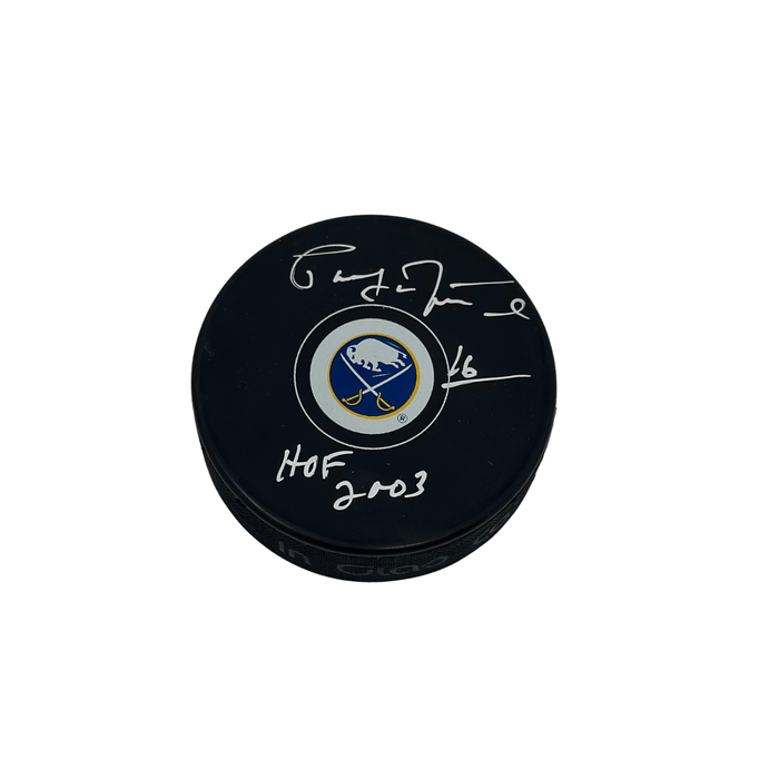Pat LaFontaine Signed Buffalo Sabres Small Logo Hockey Puck with "HOF 2003"
