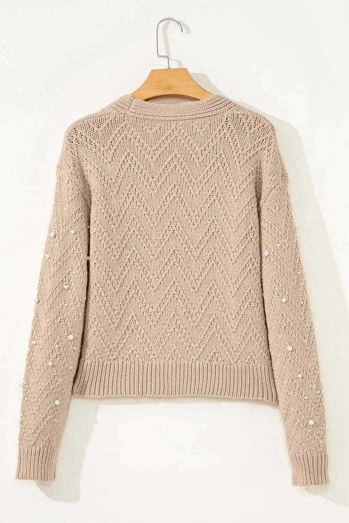 Pearl Embellished Buttoned V-Neck Knit Cardigan - Sweaters & Cardigans/Cardigans