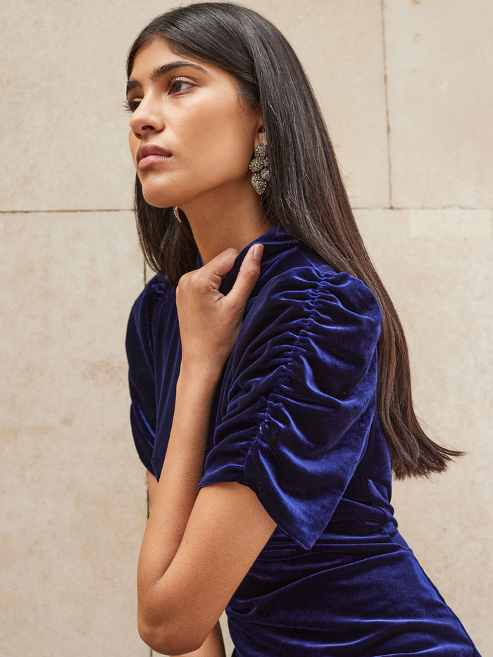 Petite Harriet Blue Velvet Puff Sleeve Dress