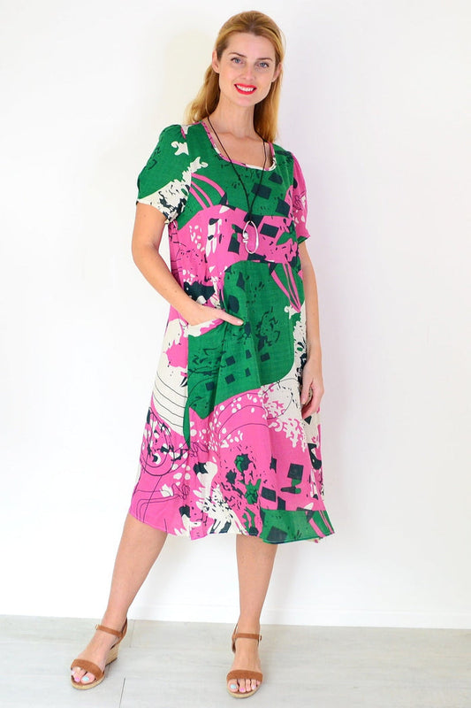 Pink and green paint splash tunic dress from Wishstone, featuring a vibrant, artistic design and comfortable fit.