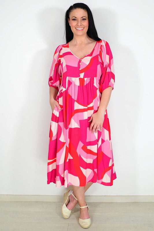 Pink and red midi tunic dress from New U Collection featuring a flowing fit and stylish design.